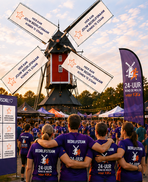 Sfeerontwerp van een bedrijfsteam bij de molen met sponsordoeken op de wieken
