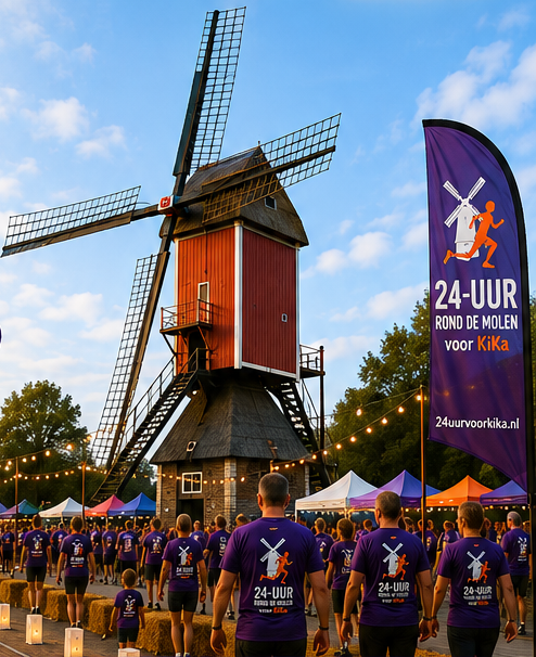 Sfeerontwerp met deelnemers, kramen en lichtjes bij de molen