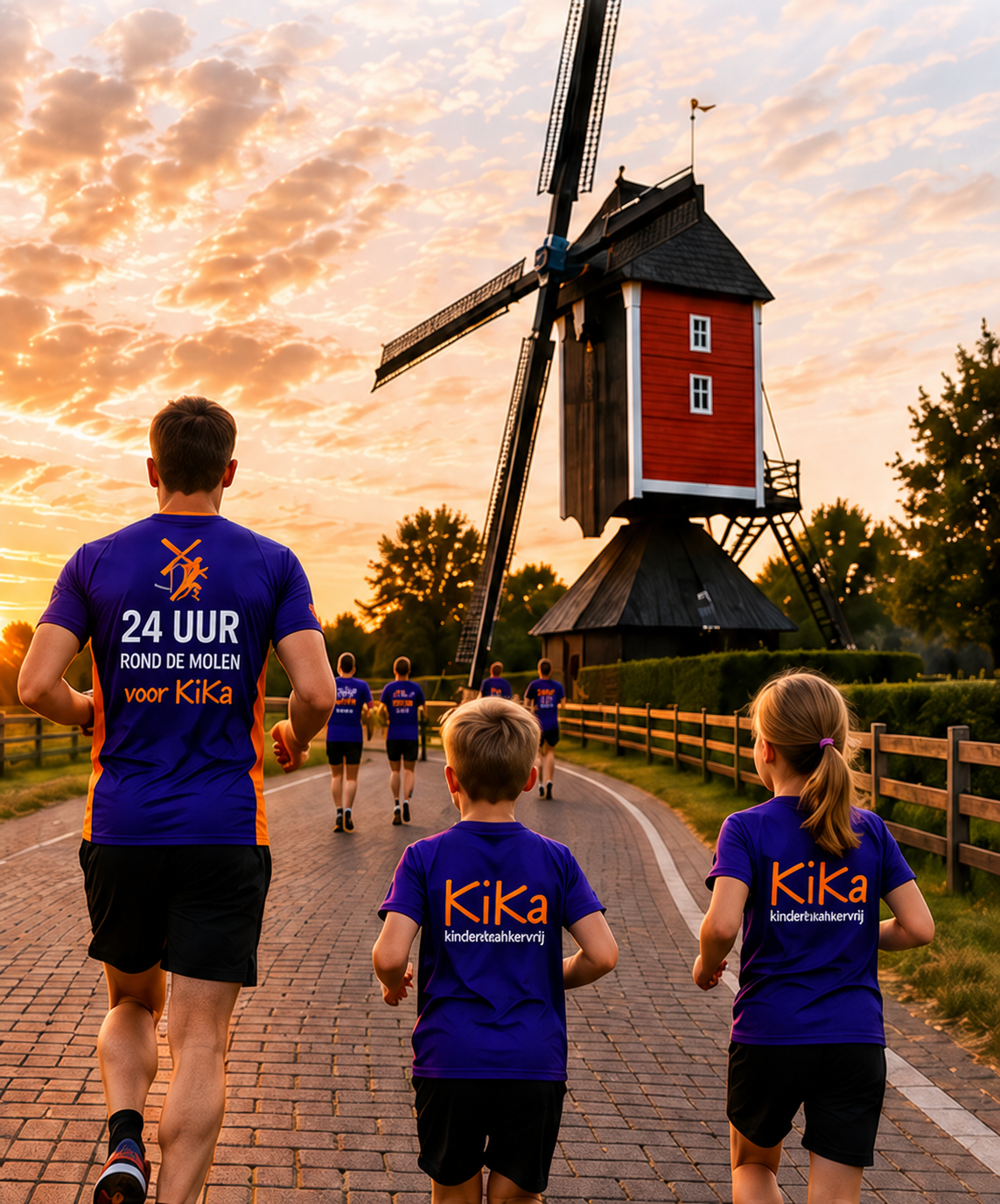Sfeerontwerp met een hardloper en kinderen bij de molen voor KiKa