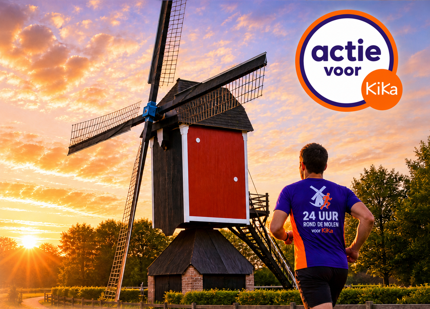 Sfeerontwerp van een hardloper in paars KiKa-shirt bij de molen in het avondlicht