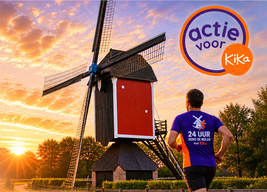 Sfeerontwerp van een hardloper in paars KiKa-shirt bij de molen in het avondlicht