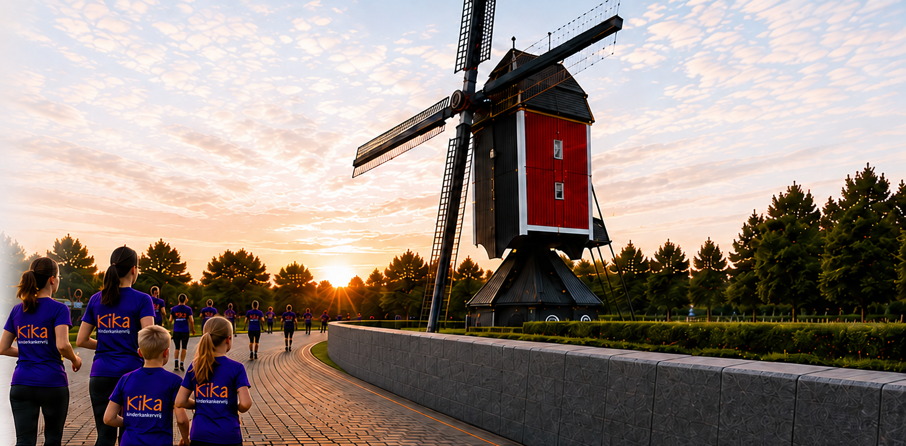 Sfeerontwerp met volwassenen en kinderen die samen rond de molen lopen