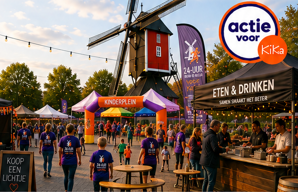 Sfeerontwerp van het evenement met KiKa-verkoopkraam, kinderplein, eten en drinken en lopers bij de molen