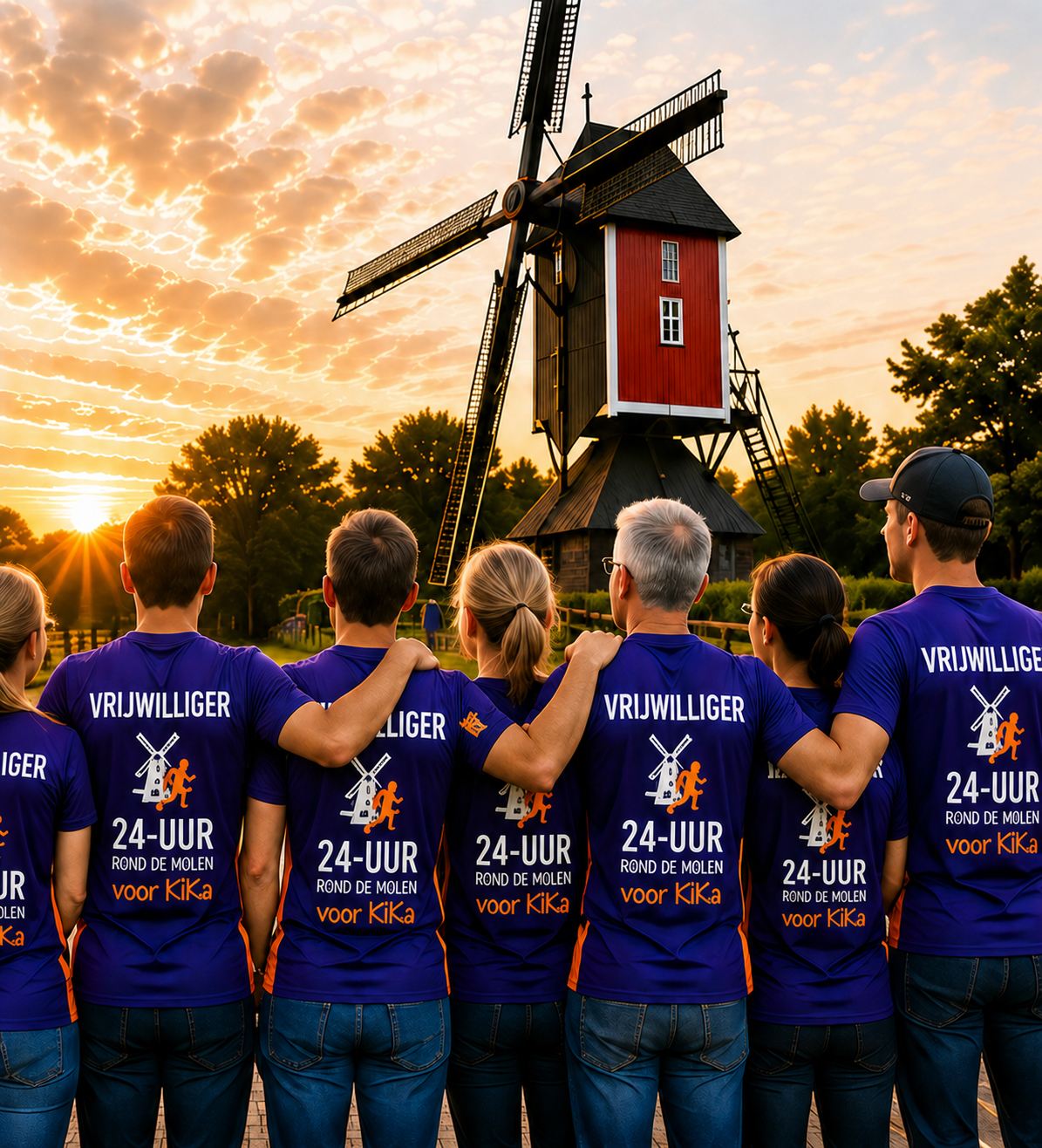 Sfeerontwerp met vrijwilligers schouder aan schouder in paarse shirts bij de molen